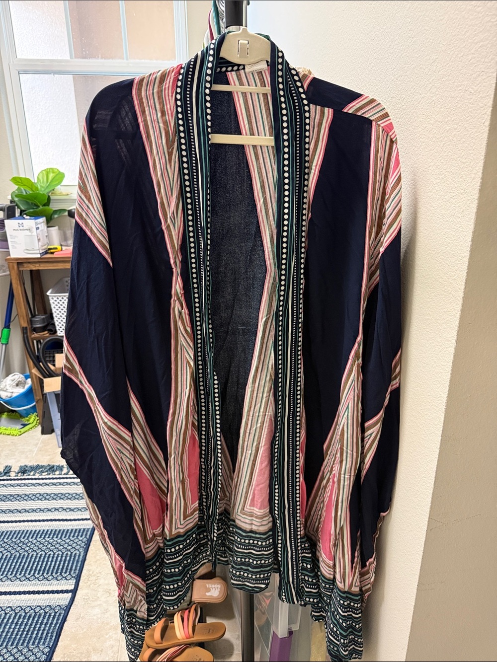 Striped Navy and Pink Open-Front Women's Kimono